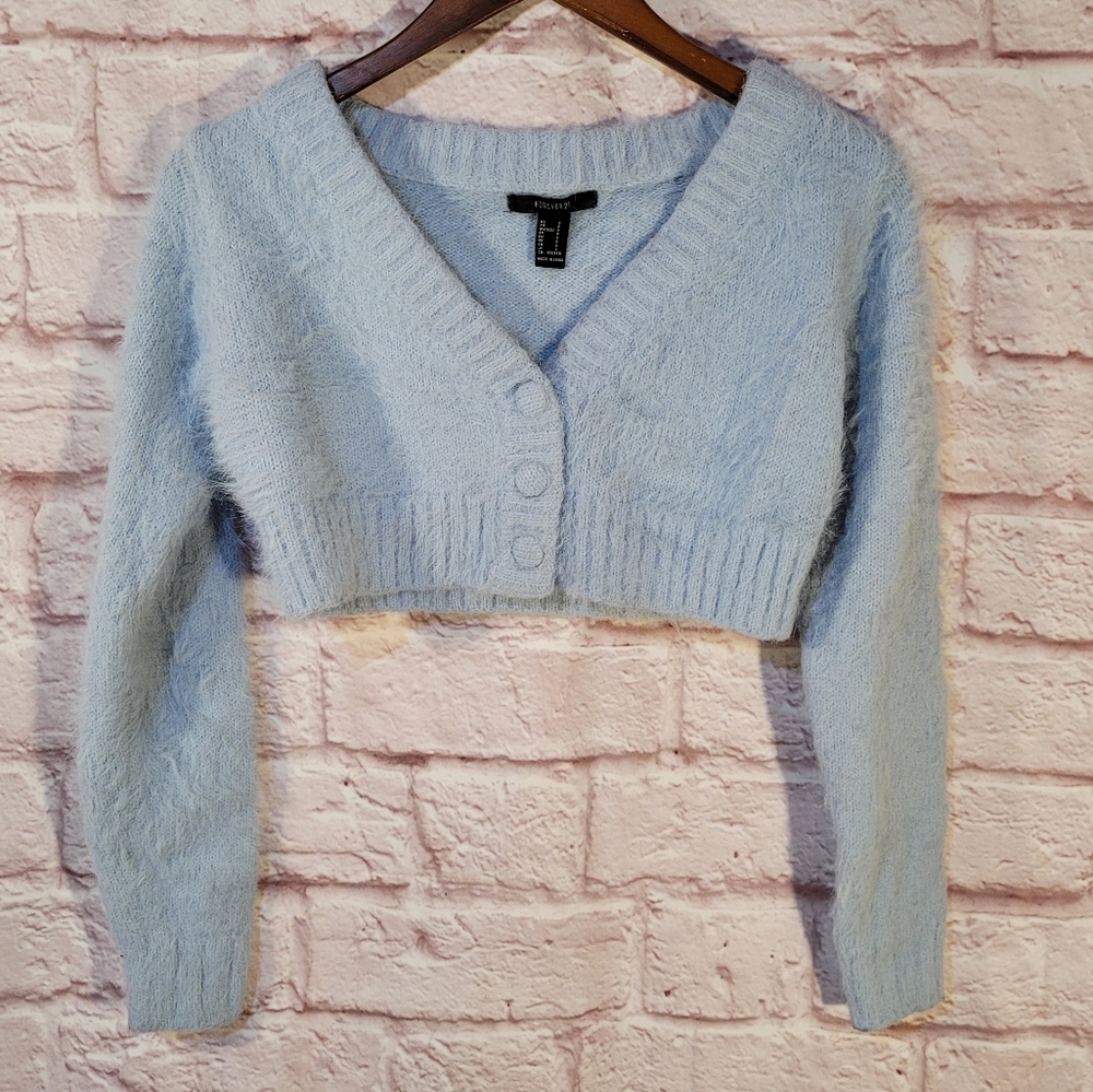 Forever 21 Light Blue Fuzzy Cropped Long Sleeve Button Front Cardigan Sweater